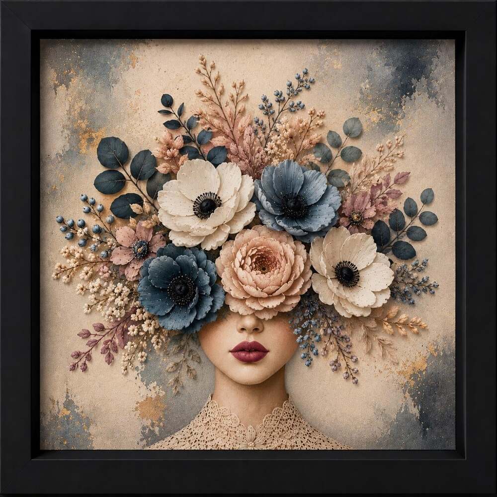 8 X 8 Black Framed Floral Woman B 106